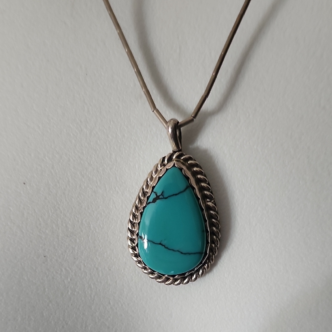 T.T. Sterling Silver Turquoise Native American Teardrop Pendant Necklace